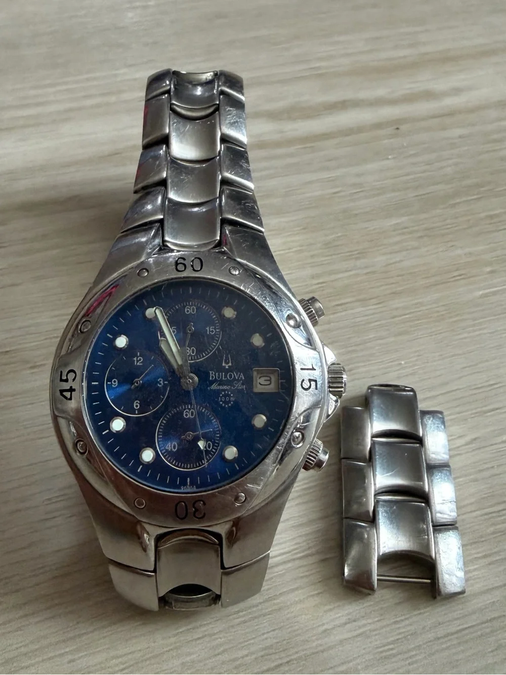 2002 Bulova 96B64 Marine Star Blue DialChronograph Date 100m 38mm